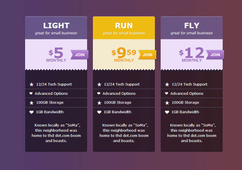 css3渐变色制作漂亮的css3价格列表布局样式代码