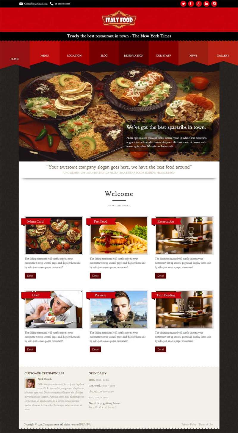红色国外餐饮料理网站模板html整站源码