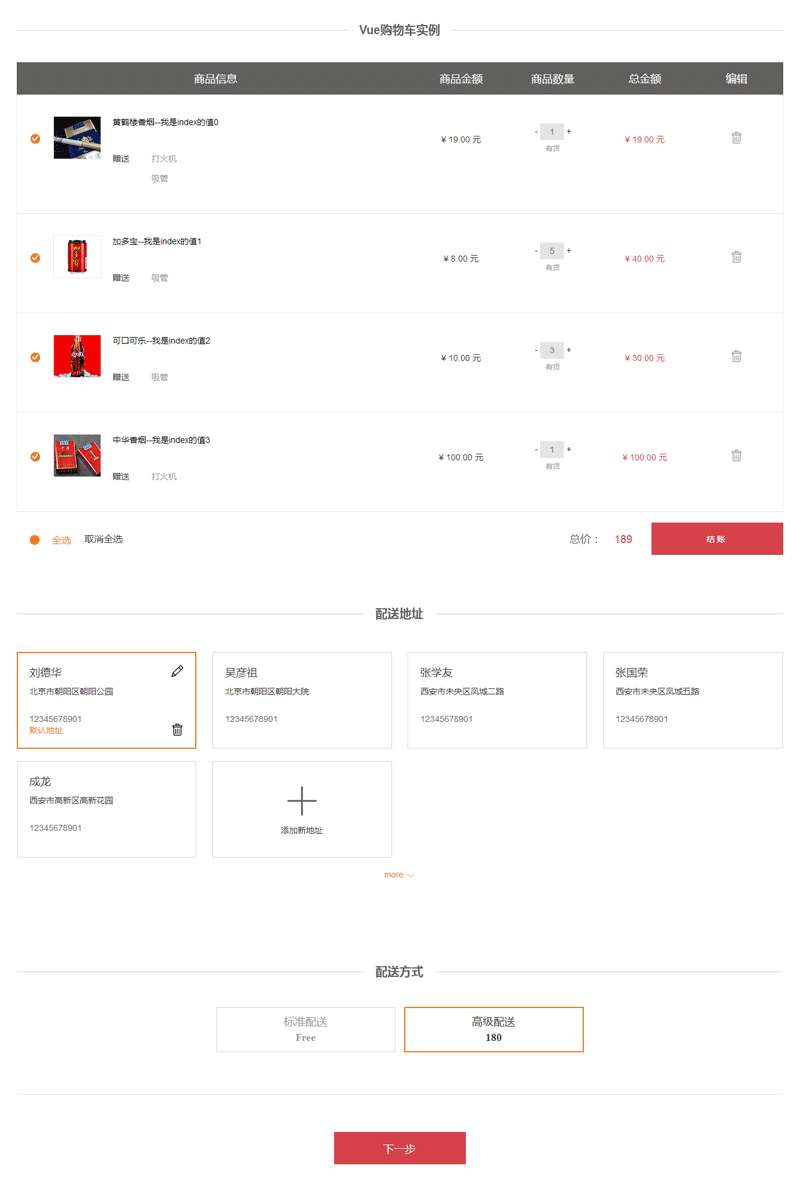 vue.js制作购物车结算功能表单代码
