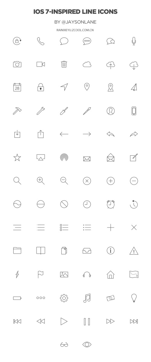 80个ios7风格网页简笔画工具图标_黑色的线条简笔画图标psd素材下载
