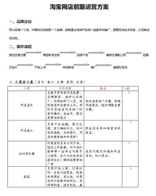 淘宝网店前期运营方案