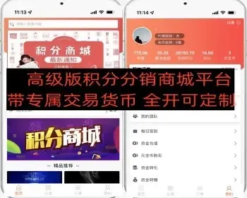 高级版积分分销商城带平台专属交易币可以交易转增代理积分级差平级奖励加权分红商城签