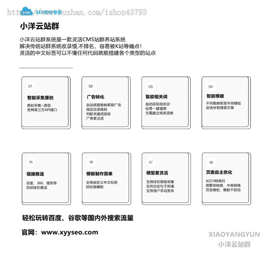 【小洋云站群】CMS泛目录站群、智能相关词、AI伪原创