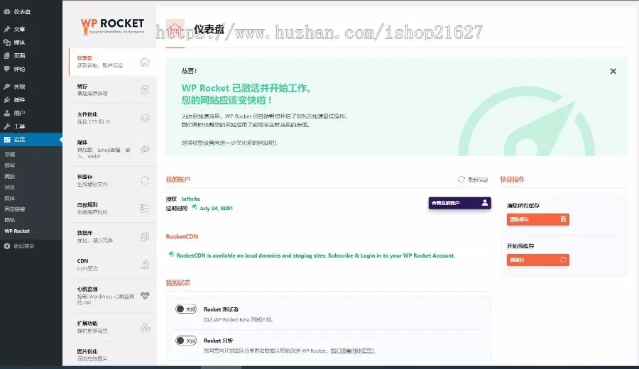 WP Rocket汉化插件wordpress静态缓存优化加速压缩插件在线更新 