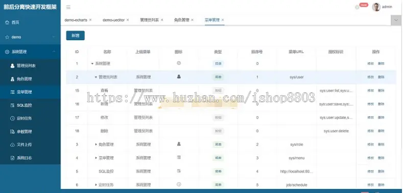 基于Vue+ElementUI+Springboot后台权限 前后分离快速开发框架源码 