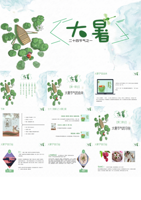 简约清爽荷叶小船背景大暑节气介绍PPT模板