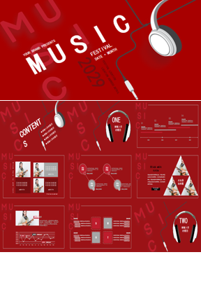 红色耳机背景的扁平化音乐主题PPT模板免费下载