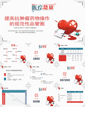 爱心背景的医疗健康药物操作的规范性品管圈PPT模板