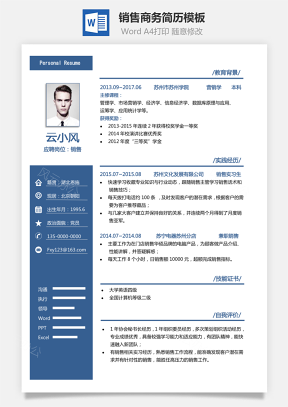 【销售简历】商务简历蓝色简历正式简历销售简历模板