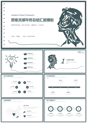 思维创意大脑洞书页式年终总结工作汇报PPT模板